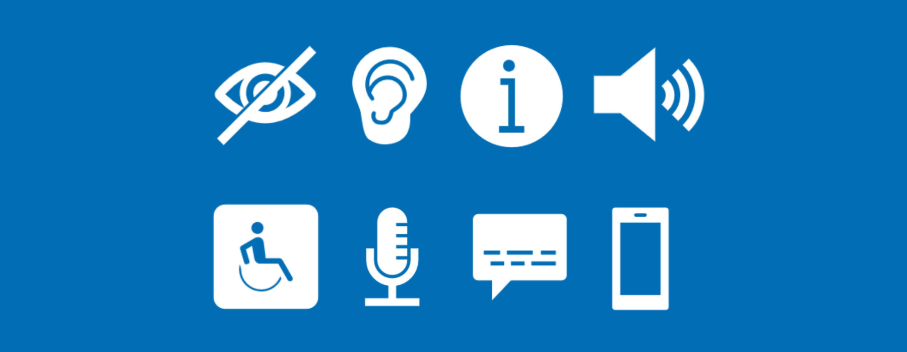 White accessibility icons on a blue background, an eye with a slash, an ear, a circle with an i in it, a speaker, a wheelchair, a microphone, a text bubble, and a smart phone