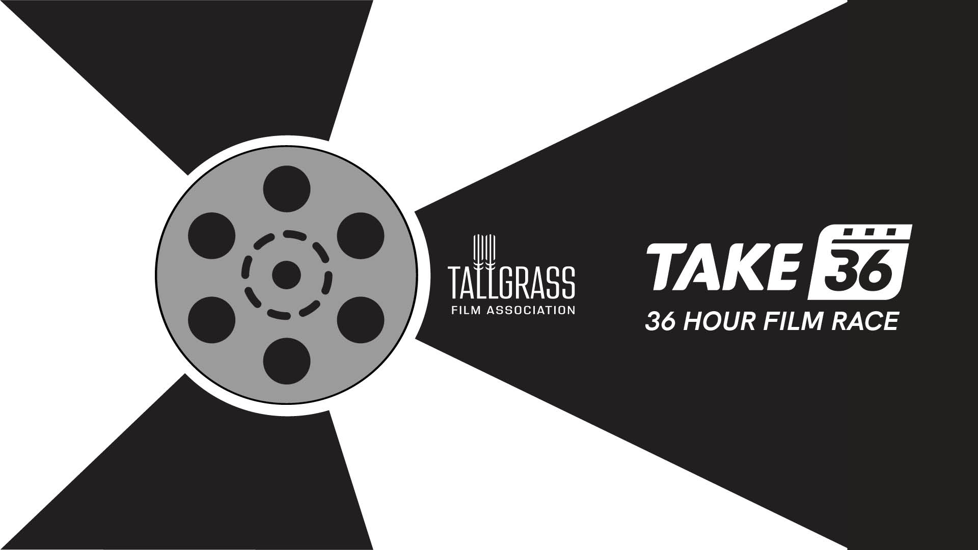 Black and white Wichita flag with a film reel in the middle, Tallgrass Film Association Logo, Take 36 logo, 36 Hour Film Race