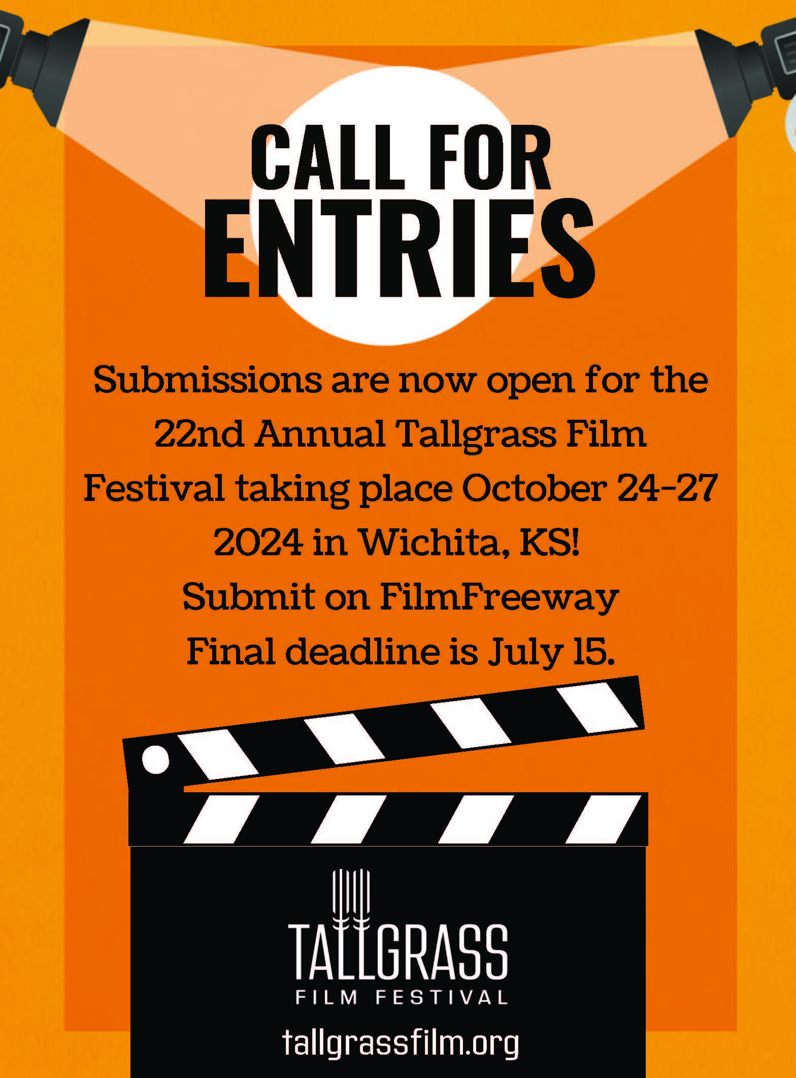 Image shows a film slate and has text that says call for submissions for Tallgrass Film Festival