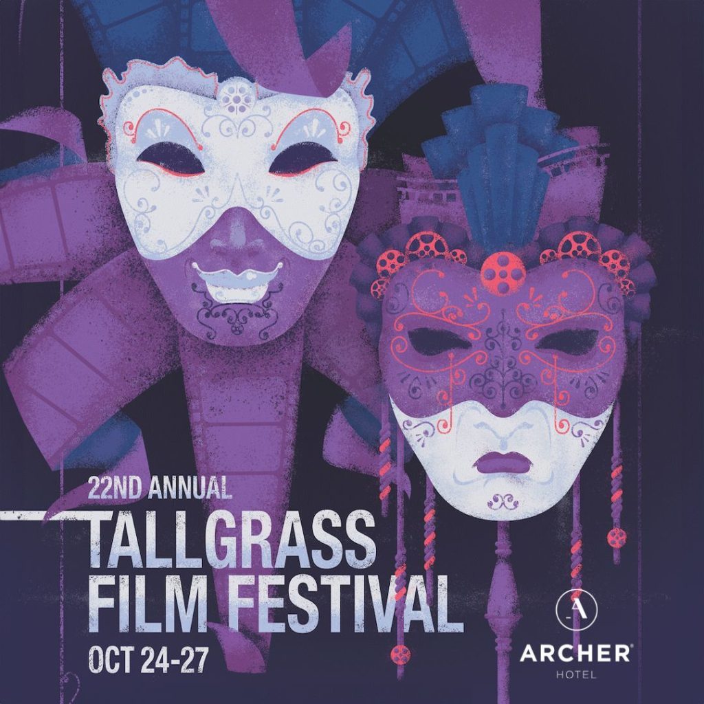 Colorful masks on a dark background promote the 22nd Annual Tallgrass Film Festival, scheduled for October 24-27.